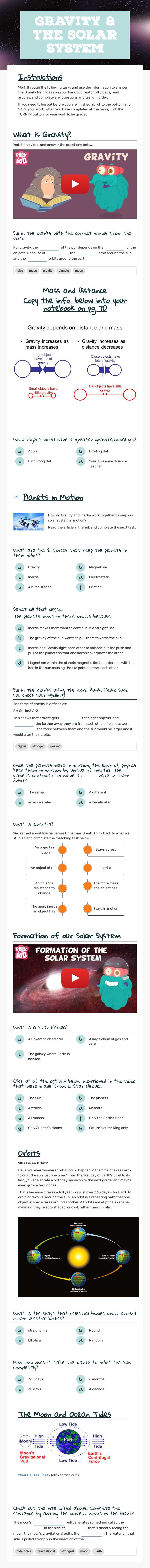 Gravity & the solar system worksheet preview image