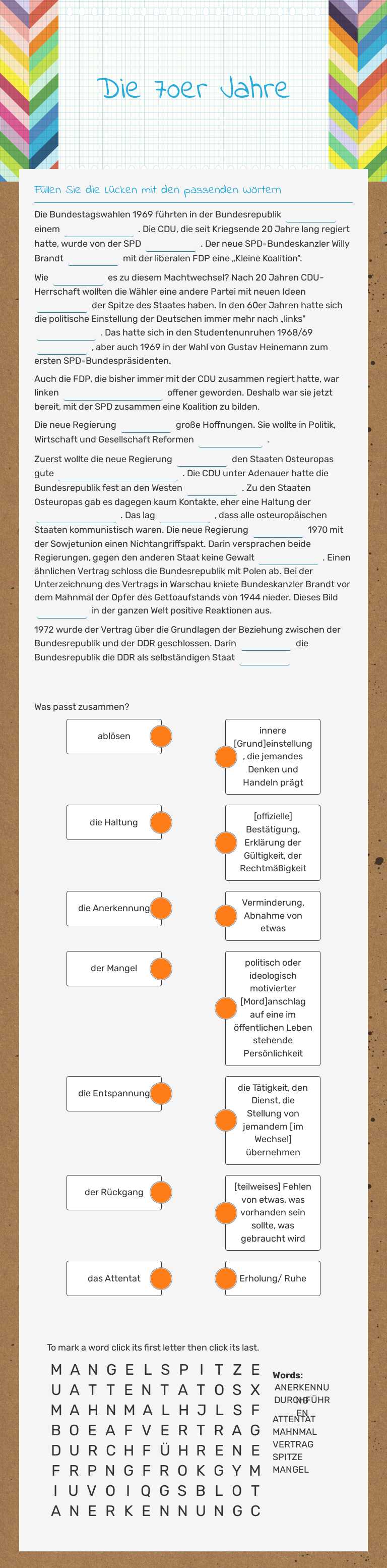 Die 70er Jahre worksheet preview image