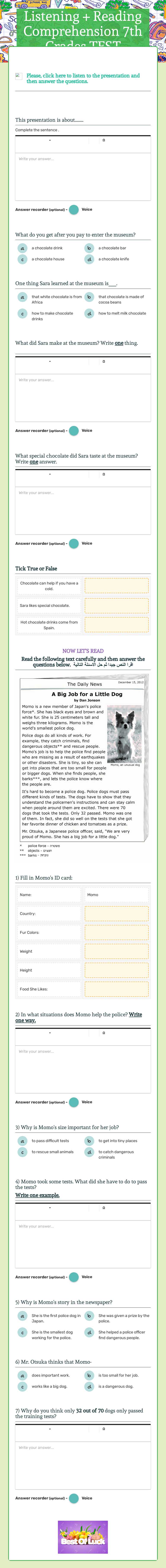 Listening + Reading Comprehension 7th Grades TEST Grade 7 worksheet preview