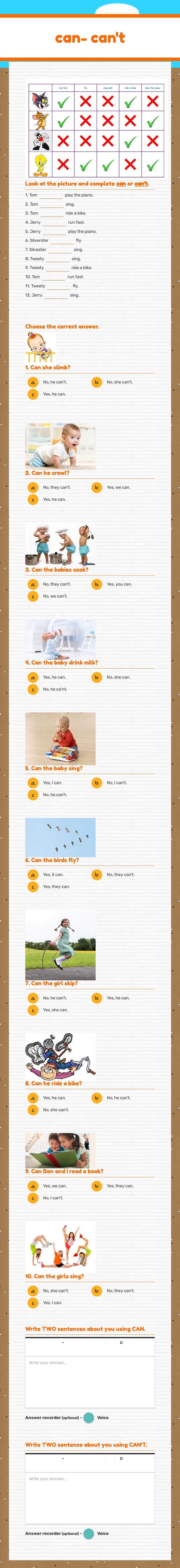 can- can't Grade 3 worksheet preview