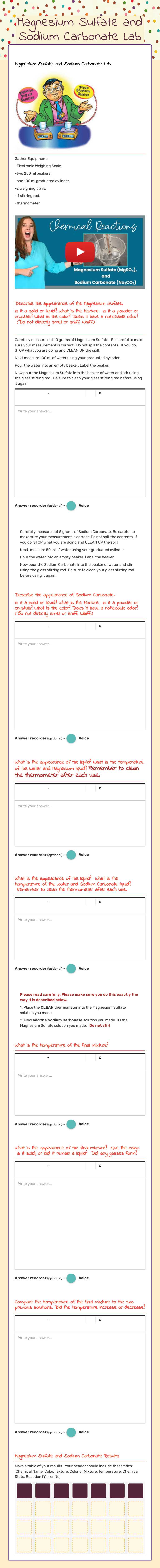 Magnesium Sulfate and Sodium Carbonate Lab Grade 8 worksheet preview