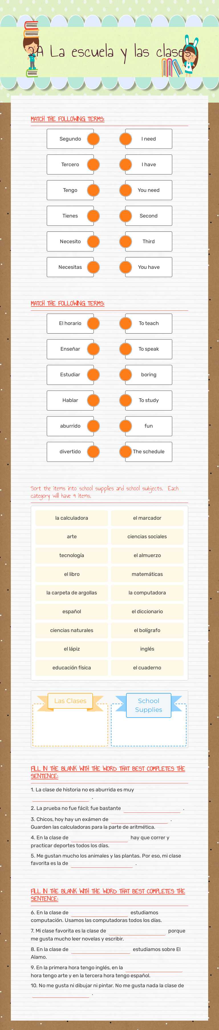 2A La escuela y las clases worksheet preview image