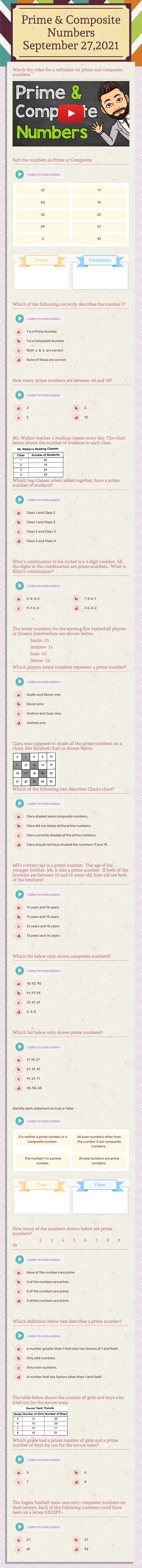 Prime & Composite Numbers September 21,2022 Grade 5 worksheet preview