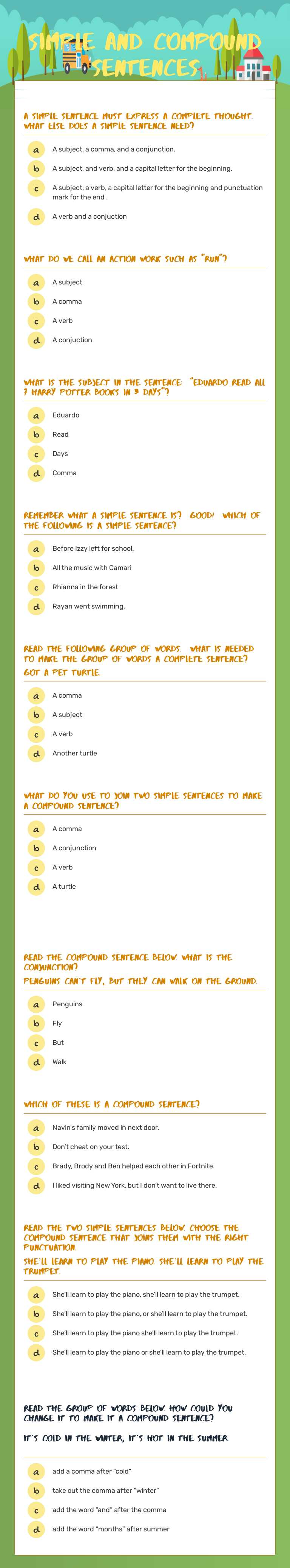 Simple and compound sentences worksheet preview image