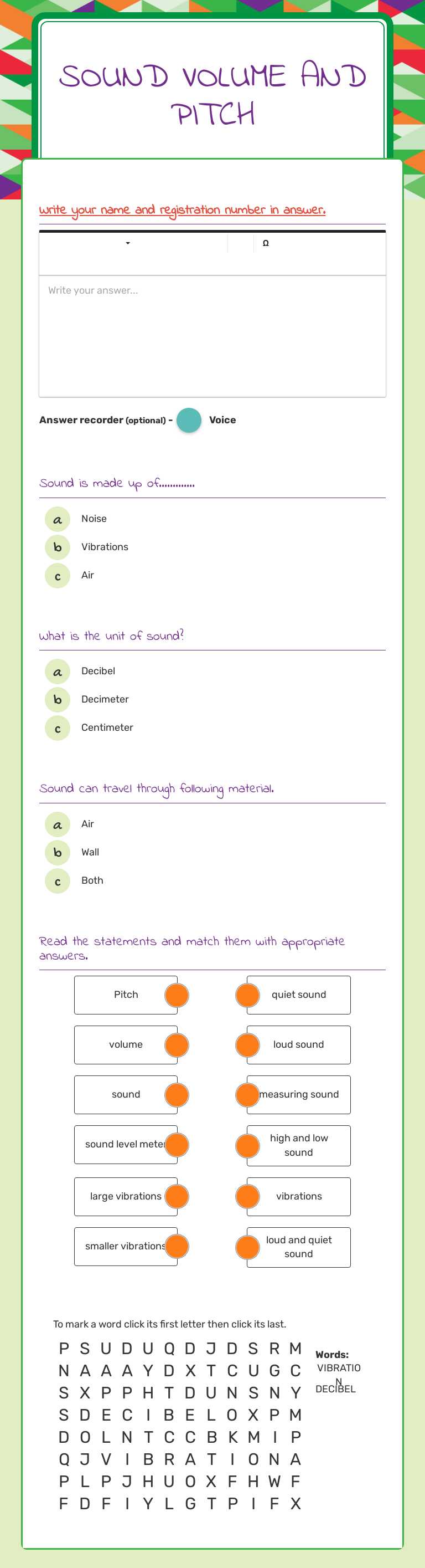 Sound Volume and pitch worksheet preview image