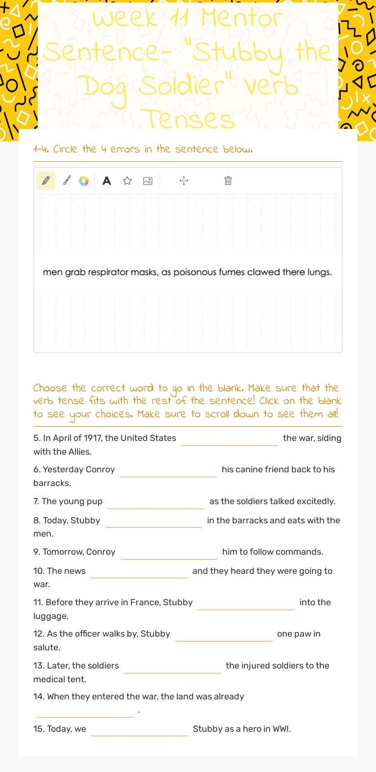 Week 11 Mentor Sentence- "Stubby the Dog Soldier" Verb Tenses Grade 5 worksheet preview