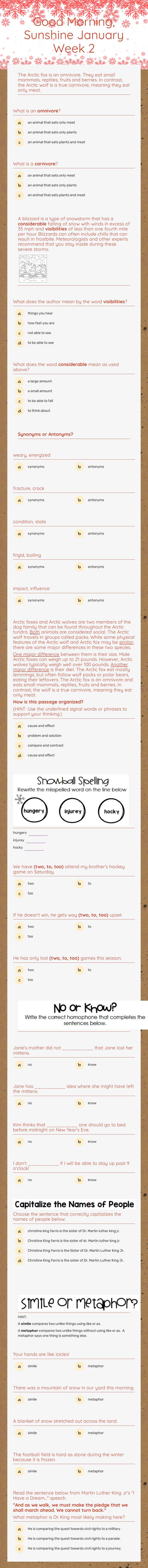 Good Morning, Sunshine January Week 2 worksheet preview image