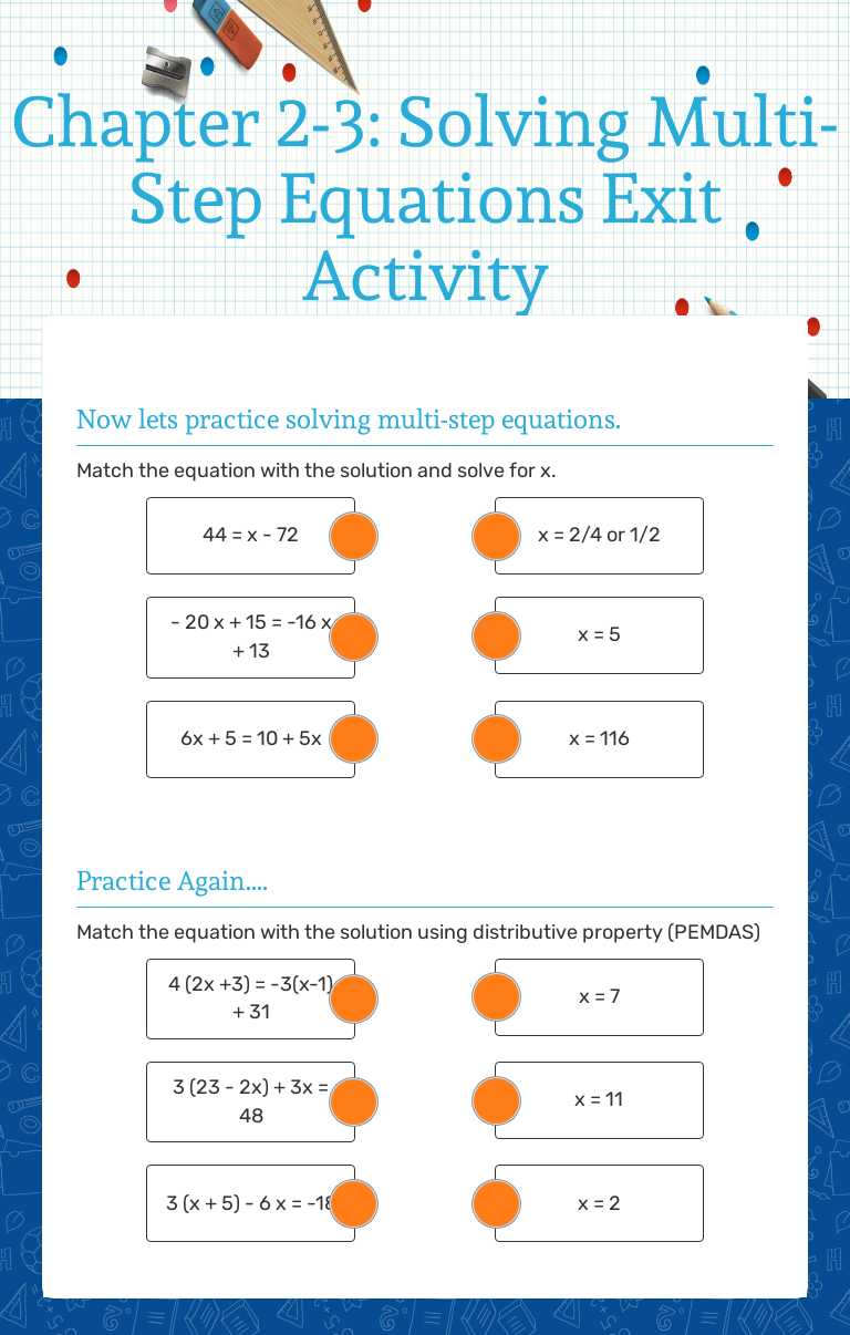 Chapter 2-3: Solving Multi-Step Equations Exit Activity worksheet preview image