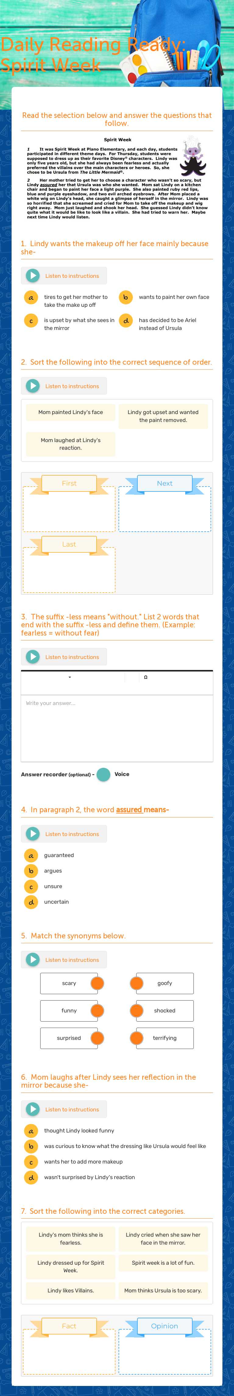Daily Reading Ready: Spirit Week Grade 3 worksheet preview
