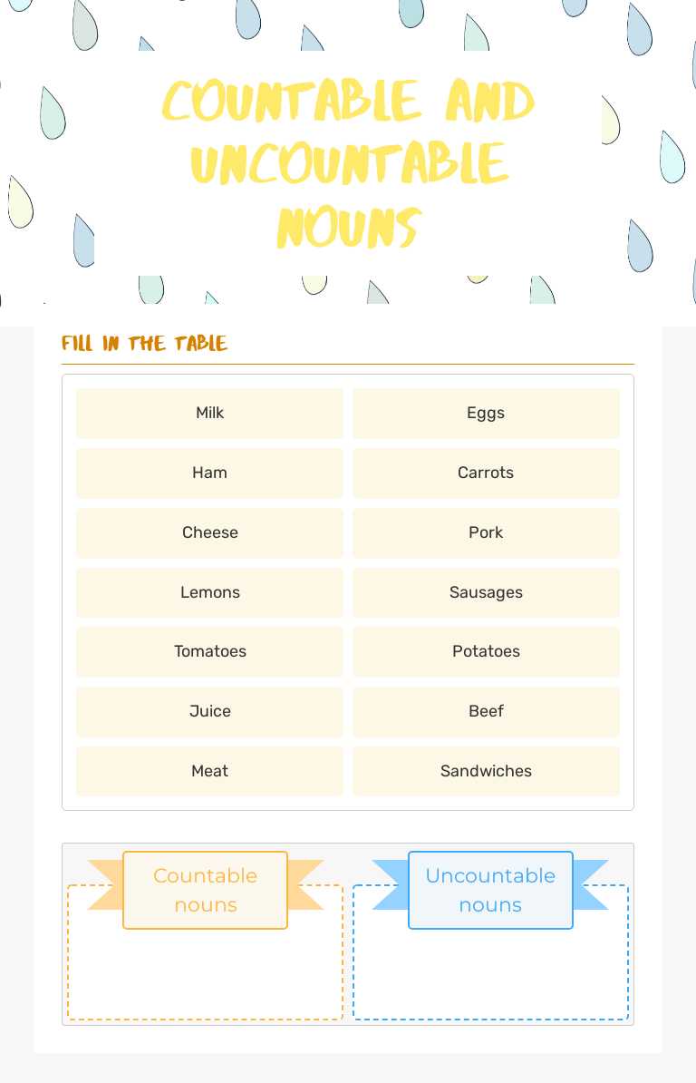 Countable and uncountable NoUNs worksheet preview image