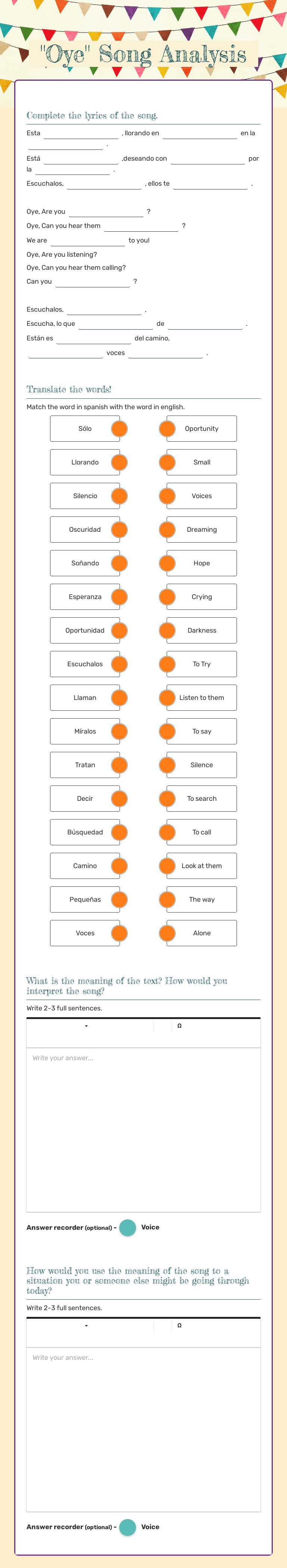 "Oye" Song Analysis worksheet preview