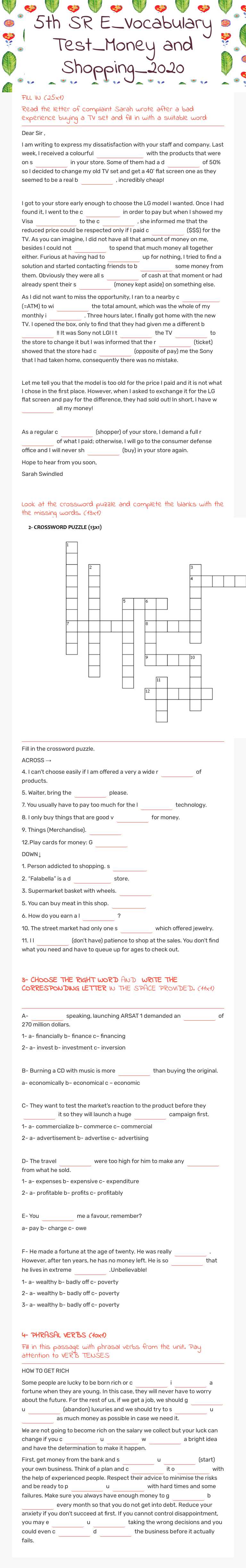 5th SR E_Vocabulary Test_Money and Shopping_2020 worksheet preview image