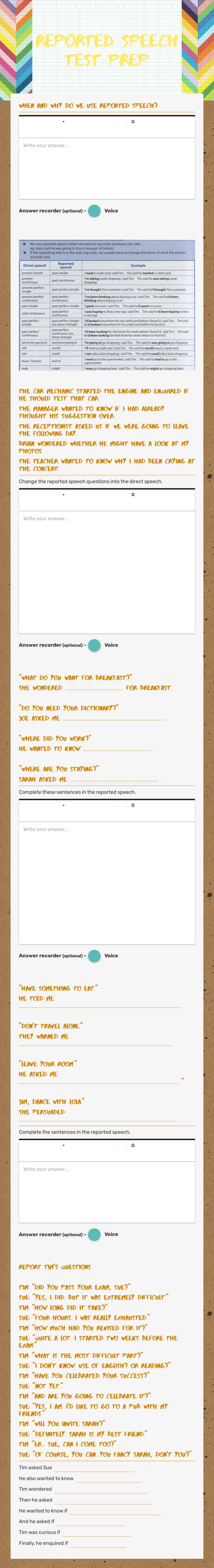 Reported speech test prep worksheet preview image
