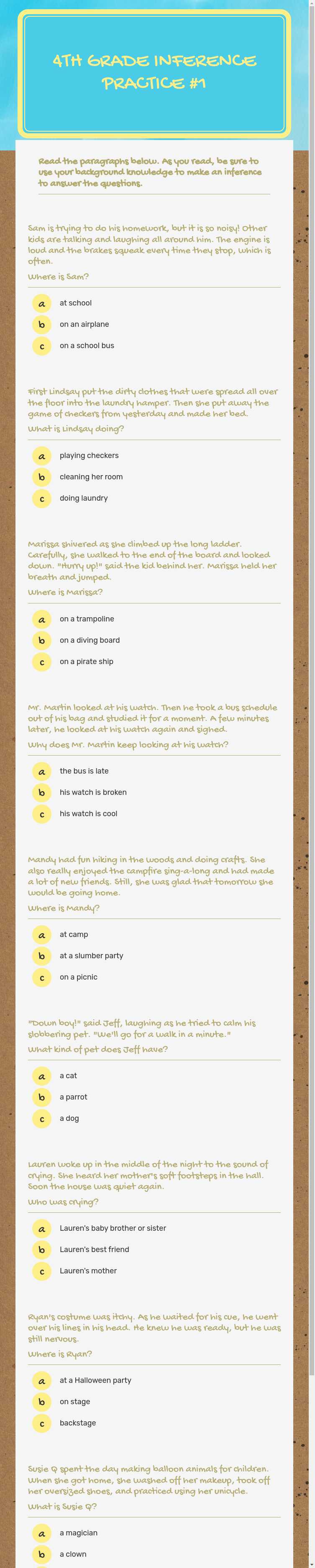 4th grade Inference Practice #1 worksheet preview image