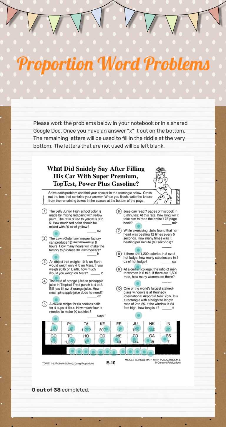 Proportion Word Problems worksheet preview image