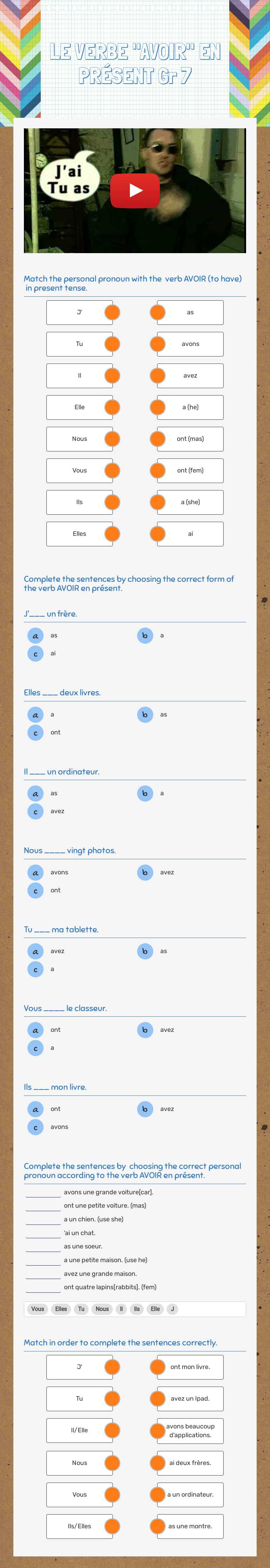LE VERBE "AVOIR" EN PRÉSENT Gr 7 worksheet preview image