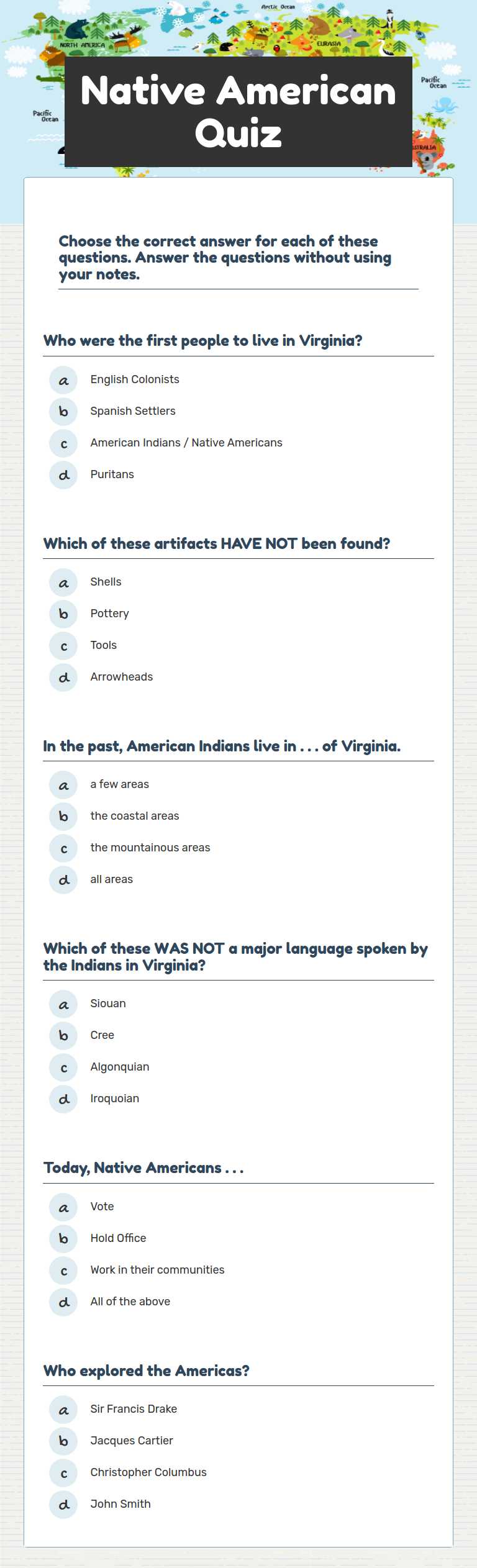 Native American Quiz worksheet preview image