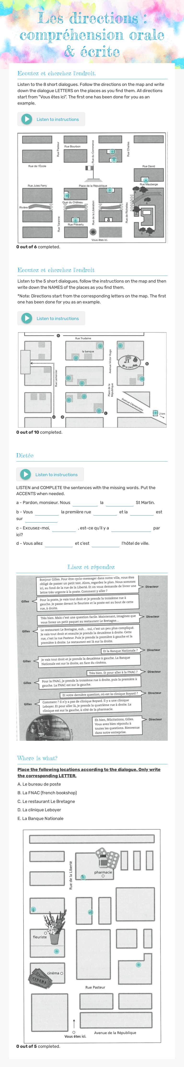 Les directions : compréhension orale & écrite worksheet preview image