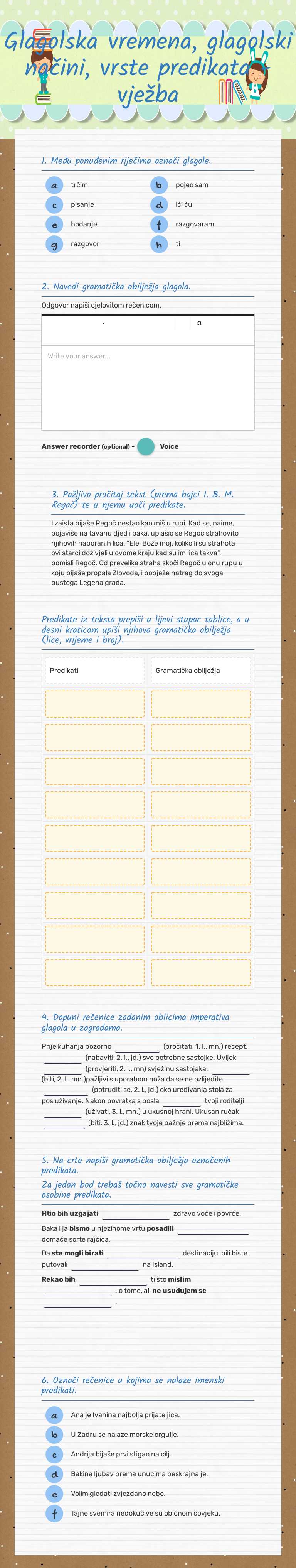 Glagolska vremena, glagolski načini, vrste predikata - vježba worksheet preview image