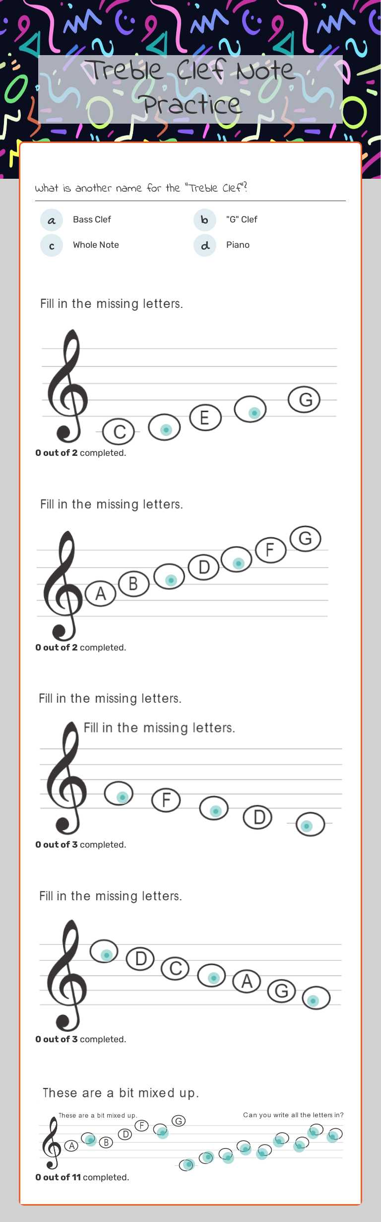 Treble Clef Note Practice worksheet preview image