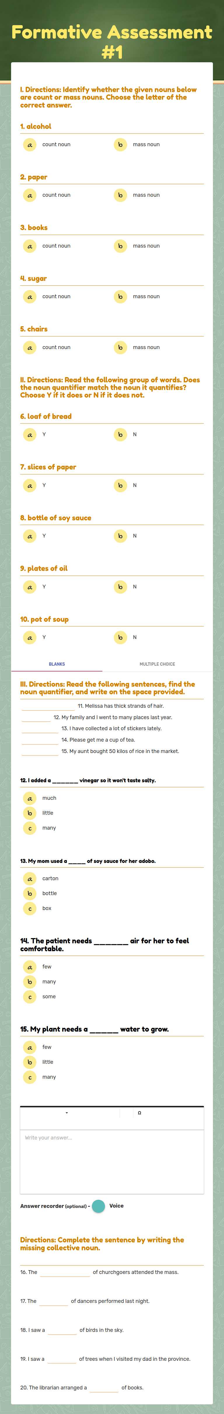 Formative Assessment #1 worksheet preview image