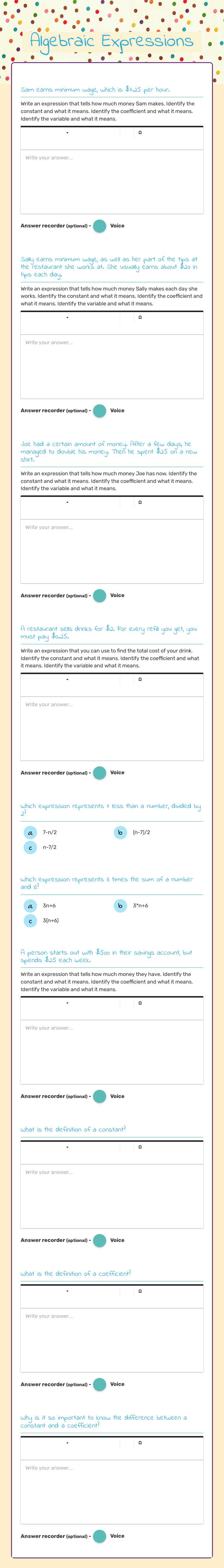 Algebraic Expressions worksheet preview image