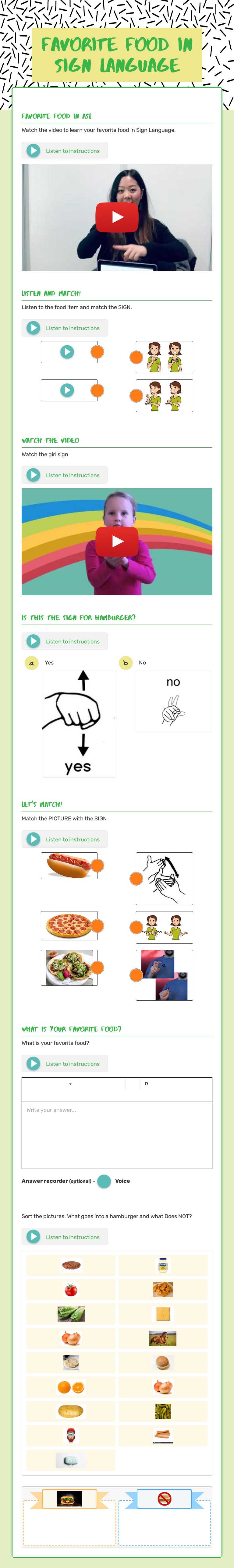 Favorite Food in sign language worksheet preview image