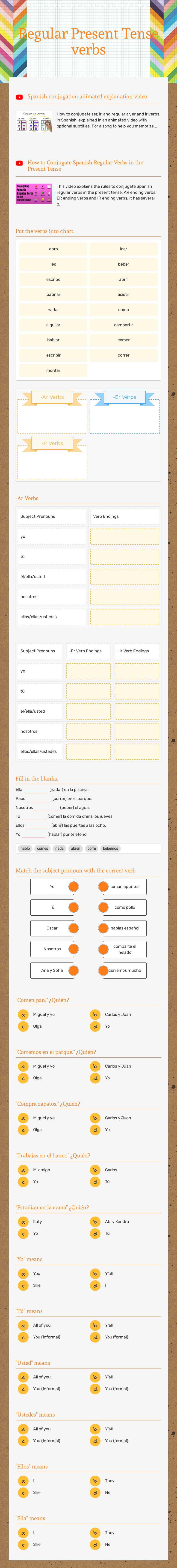 Regular Present Tense verbs Grade 8 worksheet preview