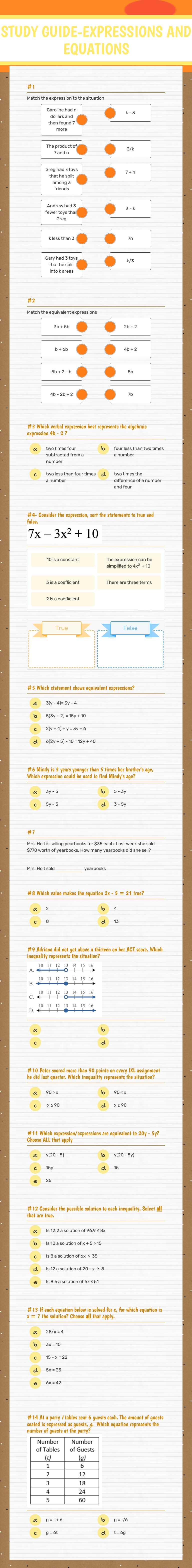 EXPRESSIONS AND EQUATIONS worksheet preview