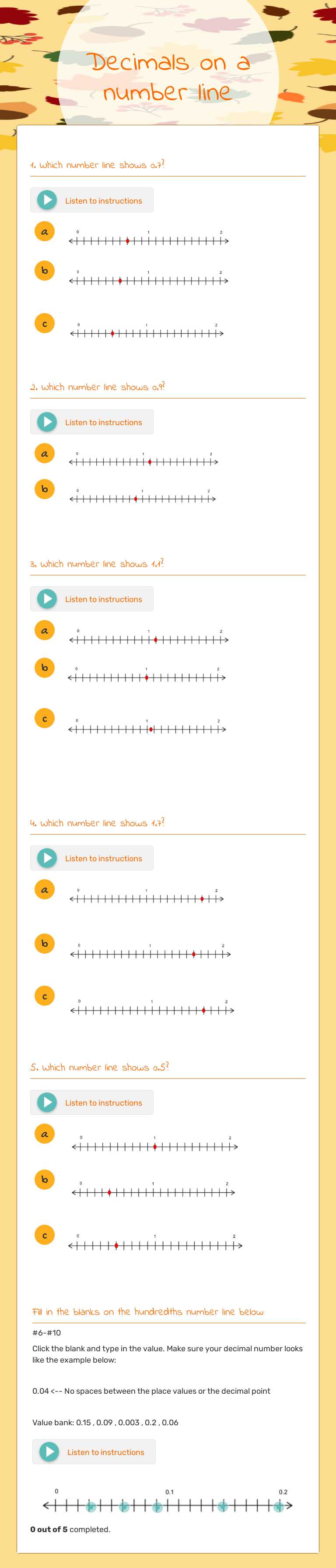Decimals on a  number line worksheet preview image