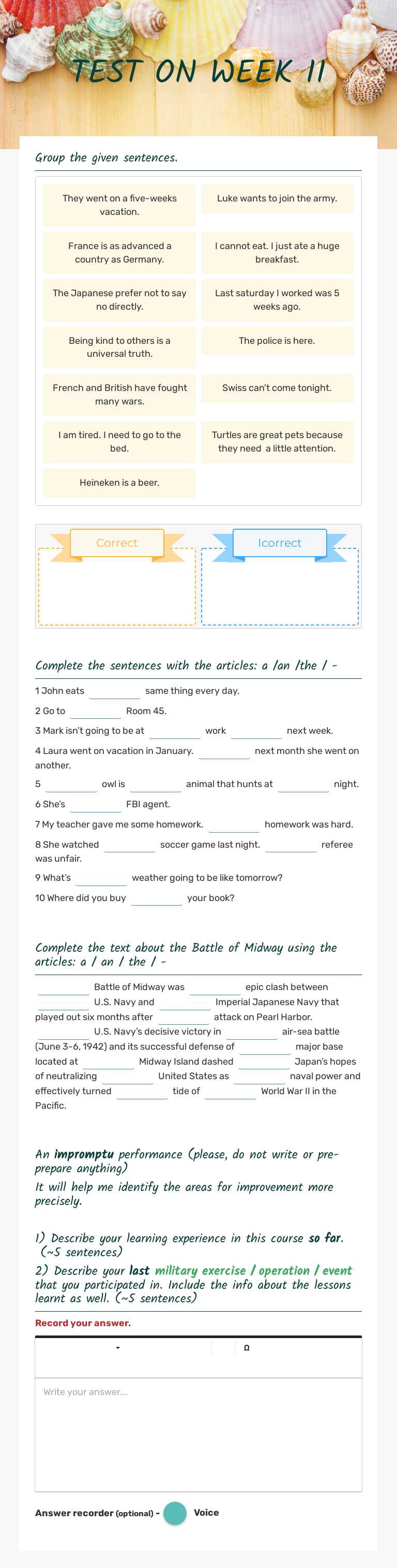 TEST ON WEEK II Other worksheet preview