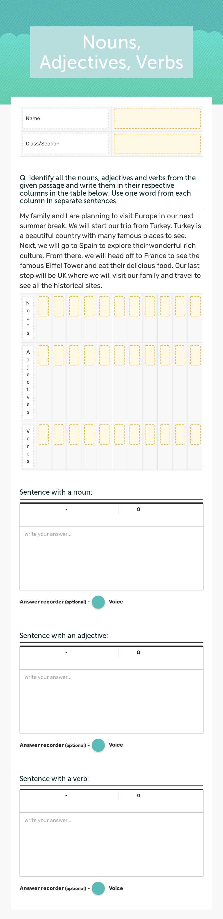 Nouns, Adjectives, Verbs worksheet preview image