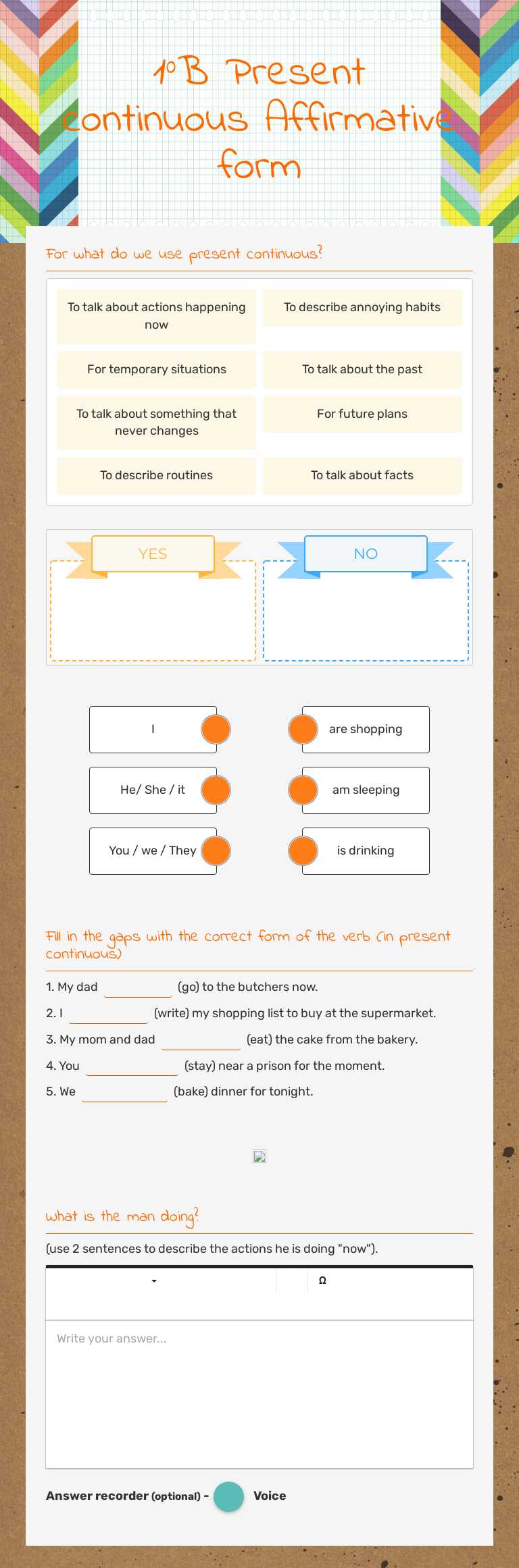 1°B
Present continuous
Affirmative form worksheet preview image