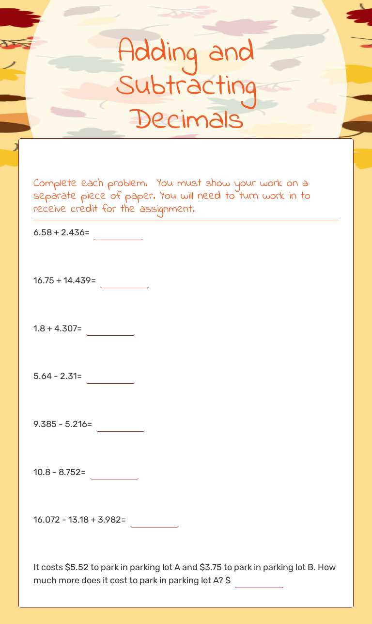 Adding and Subtracting Decimals worksheet preview image