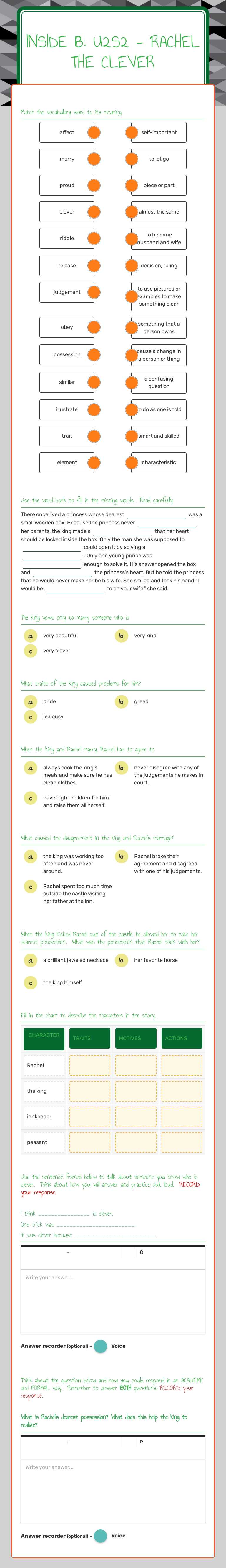 Inside B: U2S2 - Rachel the Clever worksheet preview image