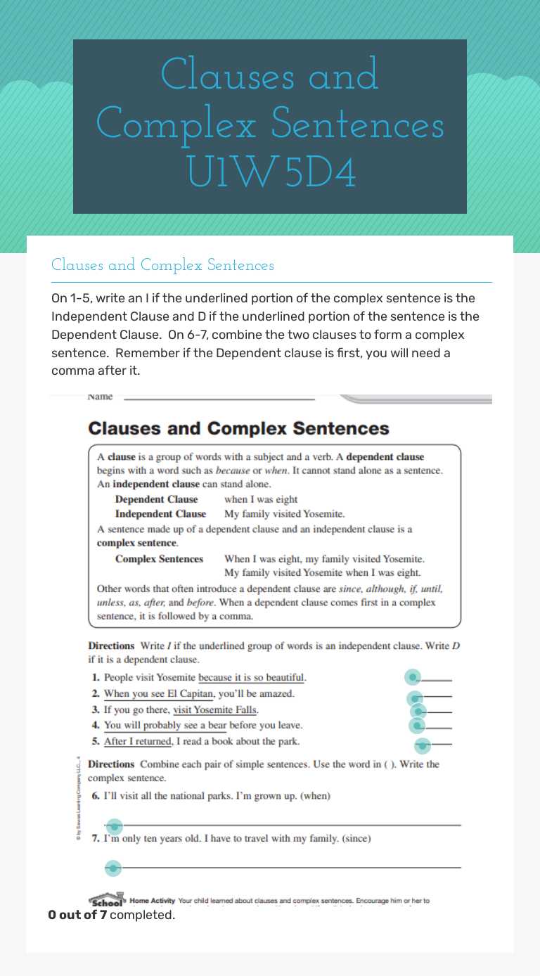 Clauses and Complex Sentences U1W5D4 Grade 4 worksheet preview