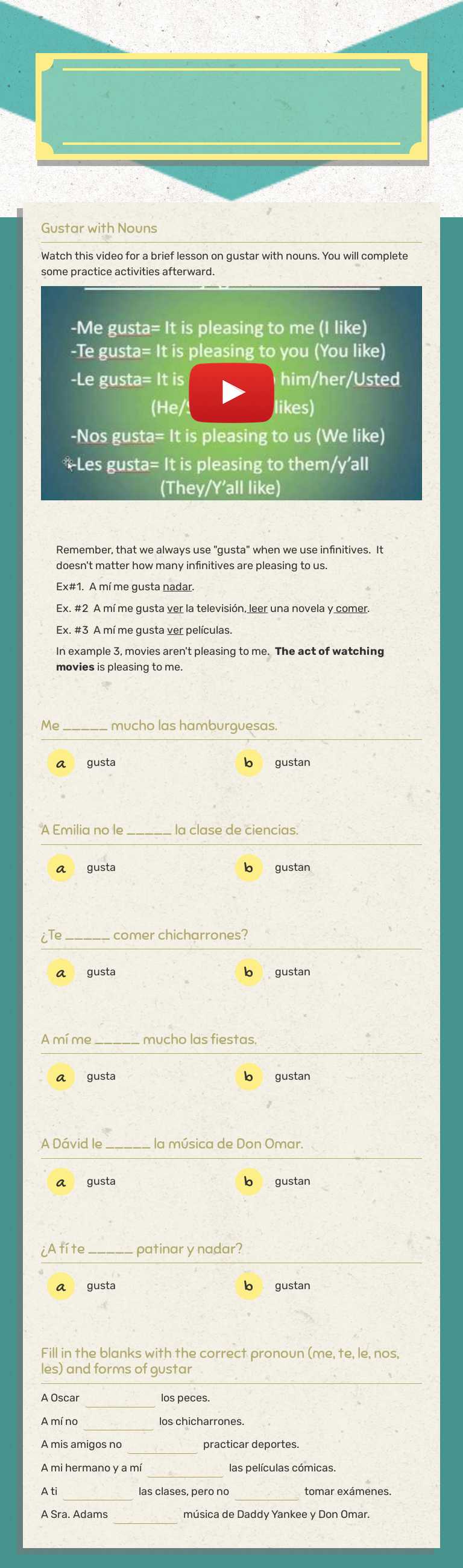Gustar with nouns worksheet preview image