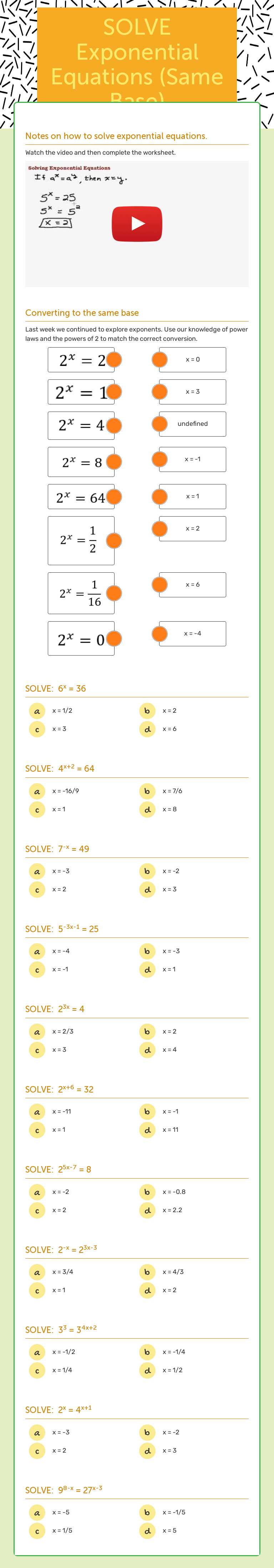 SOLVE Exponential Equations (Same Base) Other worksheet preview