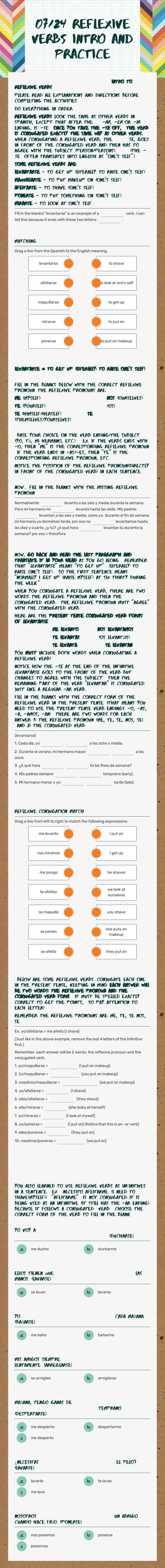 07/24 Reflexive Verbs intro and practice Grade 10 worksheet preview