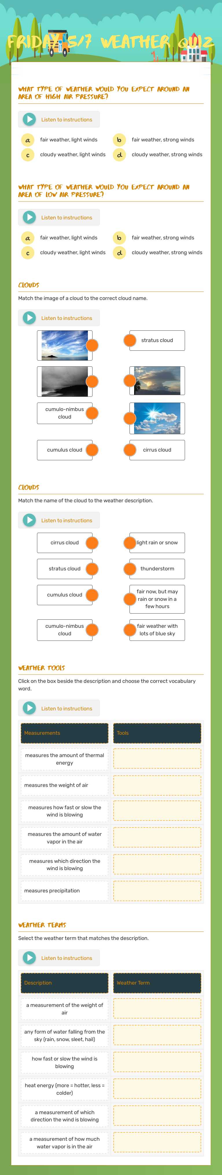 Friday 5/7 weather quiz Grade 4 worksheet preview