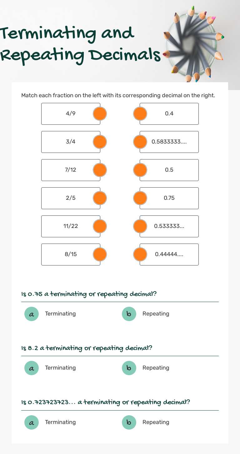Terminating and Repeating Decimals worksheet preview image