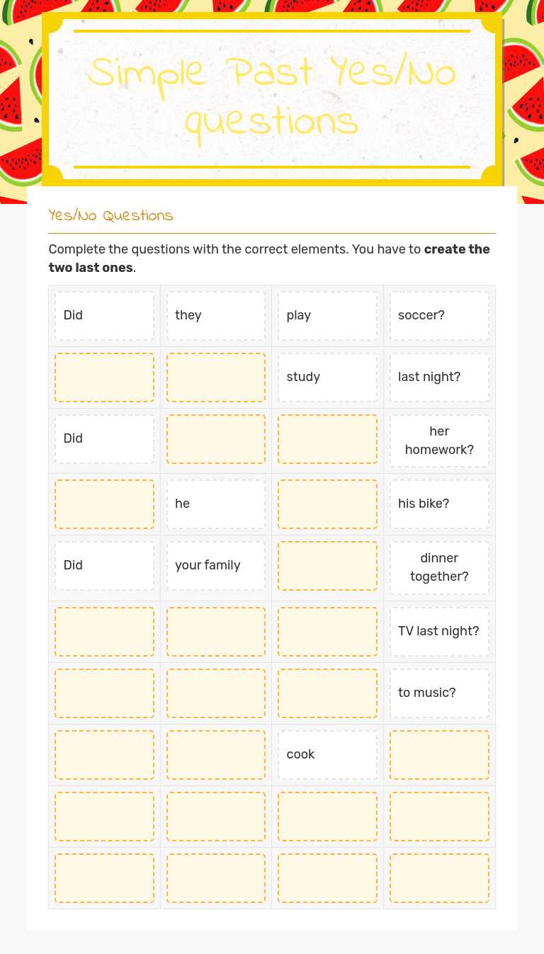 Simple Past Yes/No questions worksheet preview image