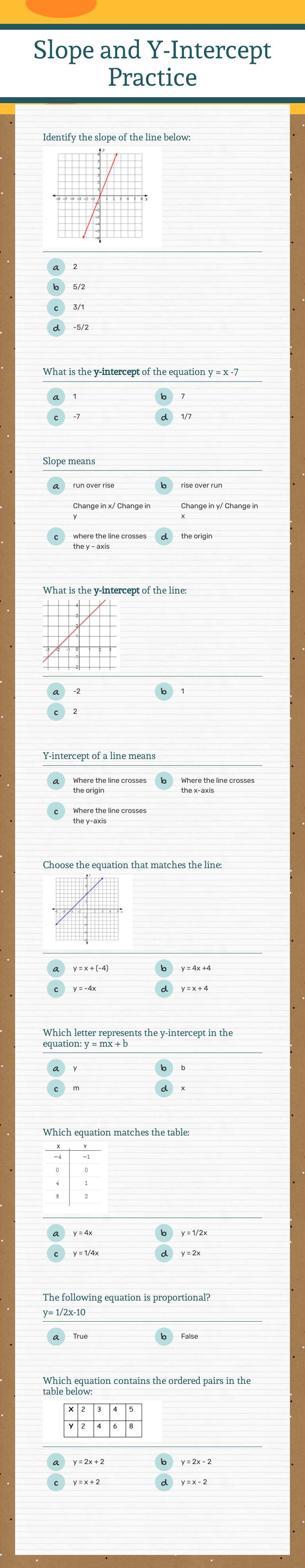 Slope and Y-Intercept Practice Grade 8 worksheet preview