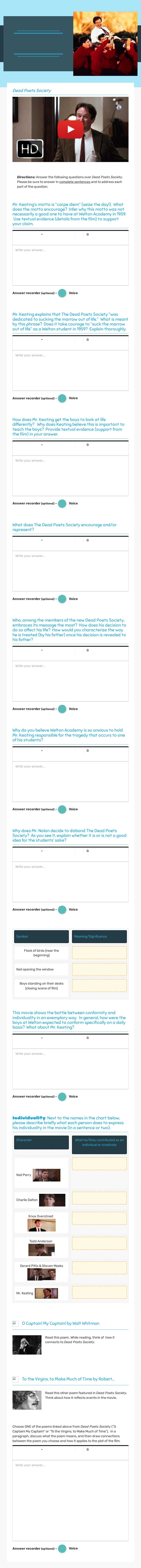 Dead Poets Society Film Questions worksheet preview image