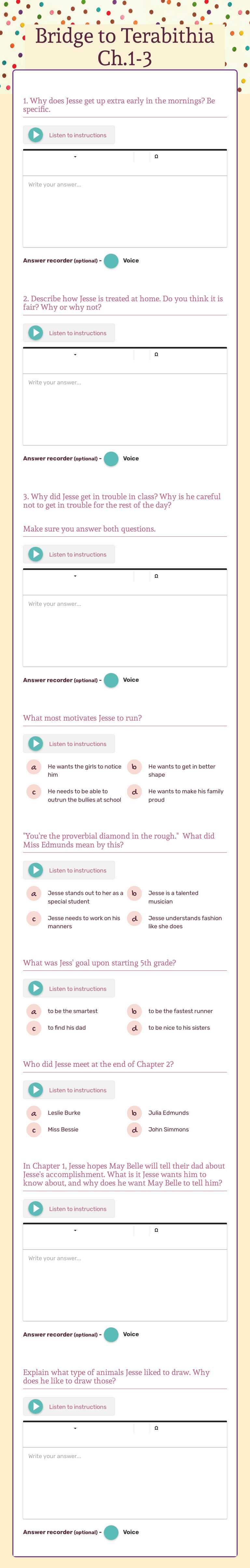 Bridge to Terabithia  Ch.1-3 worksheet preview image