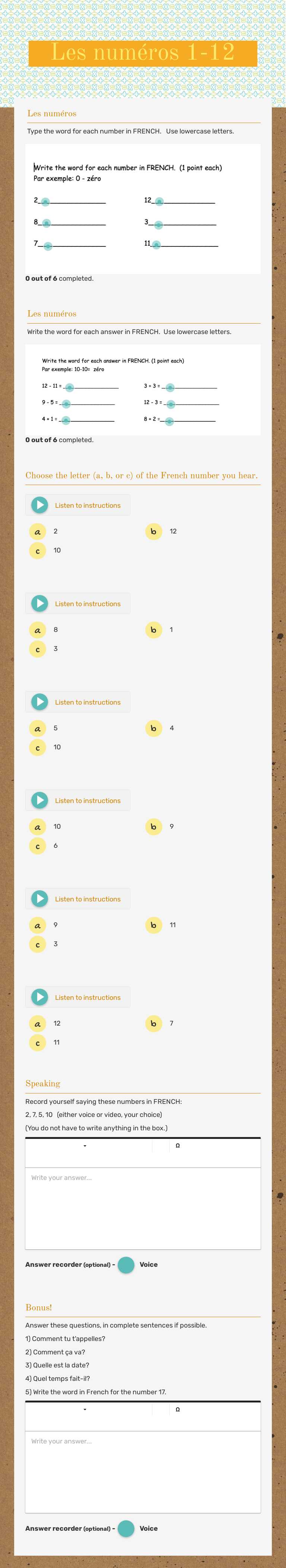 Les numéros 1-12 worksheet preview image