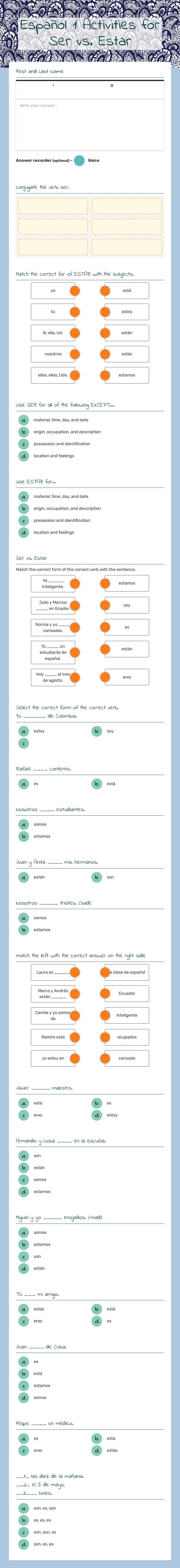 Español 1 Activities for Ser vs. Estar worksheet preview image