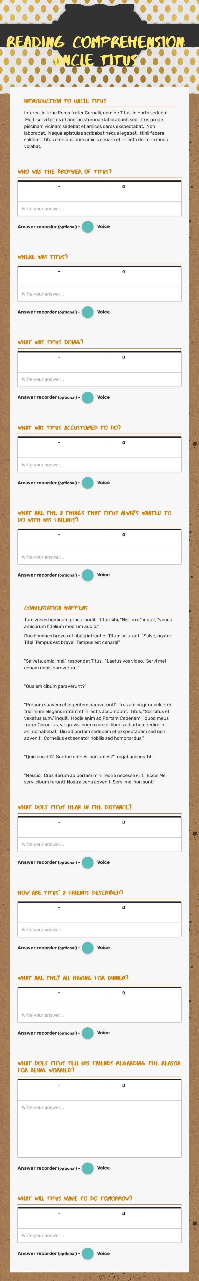 Reading Comprehension:  Uncle Titus worksheet preview image