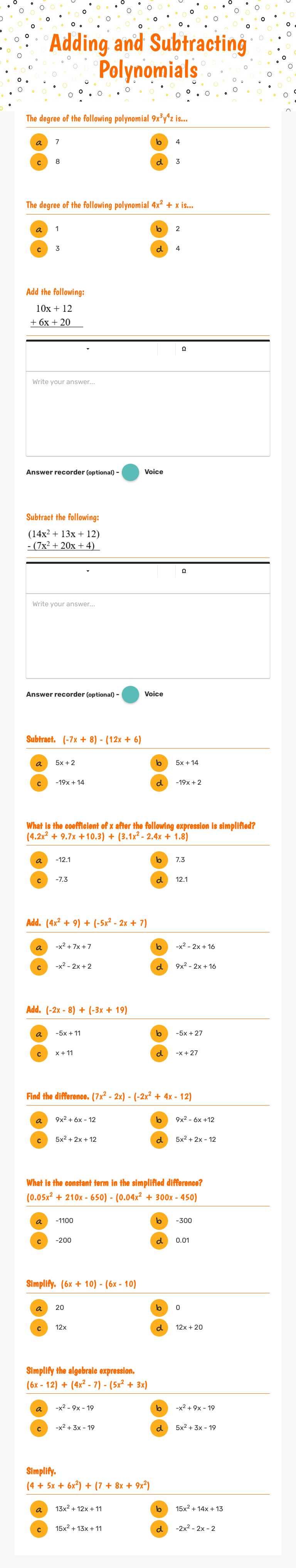 Adding and Subtracting Polynomials worksheet preview image