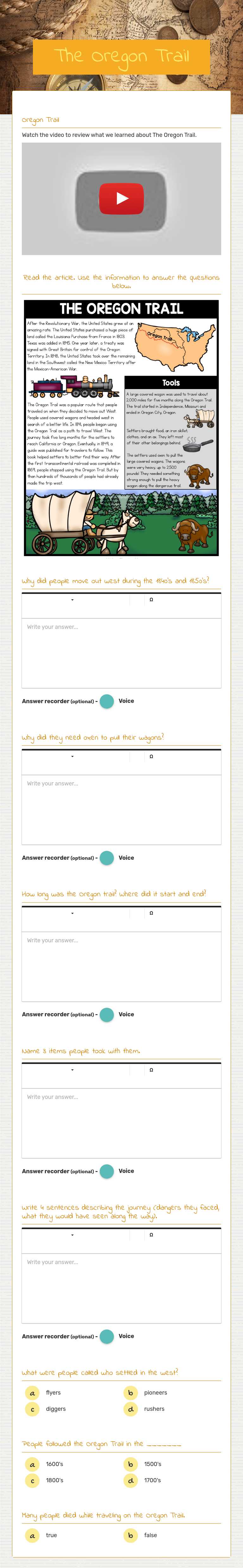 The Oregon Trail Grade 4 worksheet preview